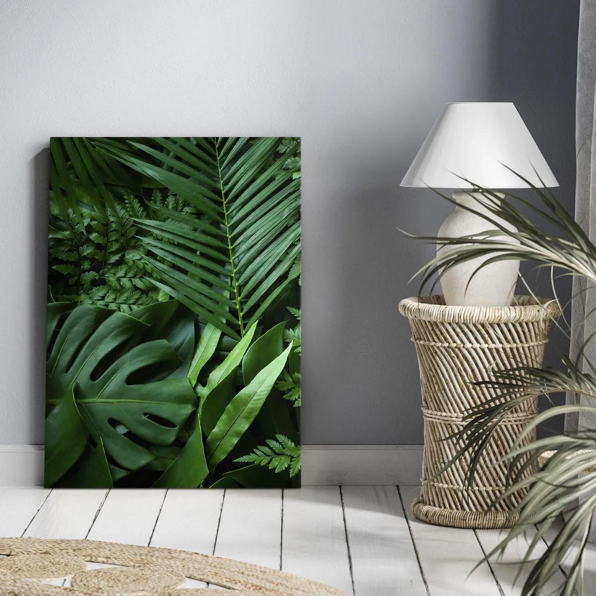Obraz na płótnie - Zielone liście tropikalnych roślin, takich jak monstera i palma - 50x70cm - Utulone w zieleni - Nowoczesna dekoracja ścienna do salonu, kuchni i sypialni ARTTOR