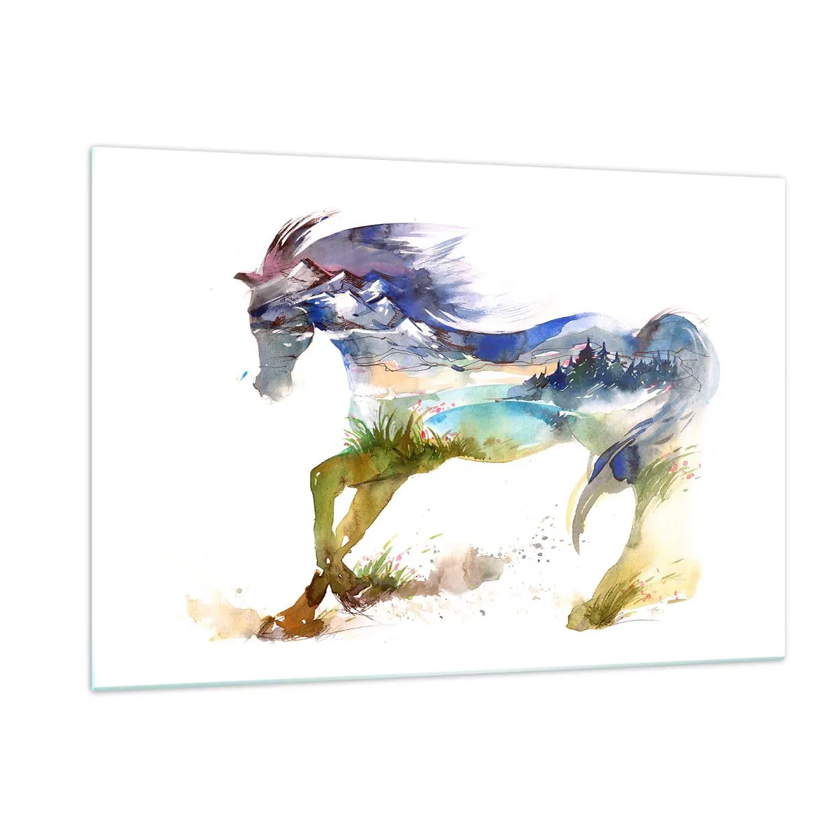 Obraz na szkle - Akwarela konia z krajobrazem górskim w sylwetce - 120x80cm - Z łąki wprost do nieba - Nowoczesna dekoracja ścienna do salonu, kuchni i sypialni ARTTOR