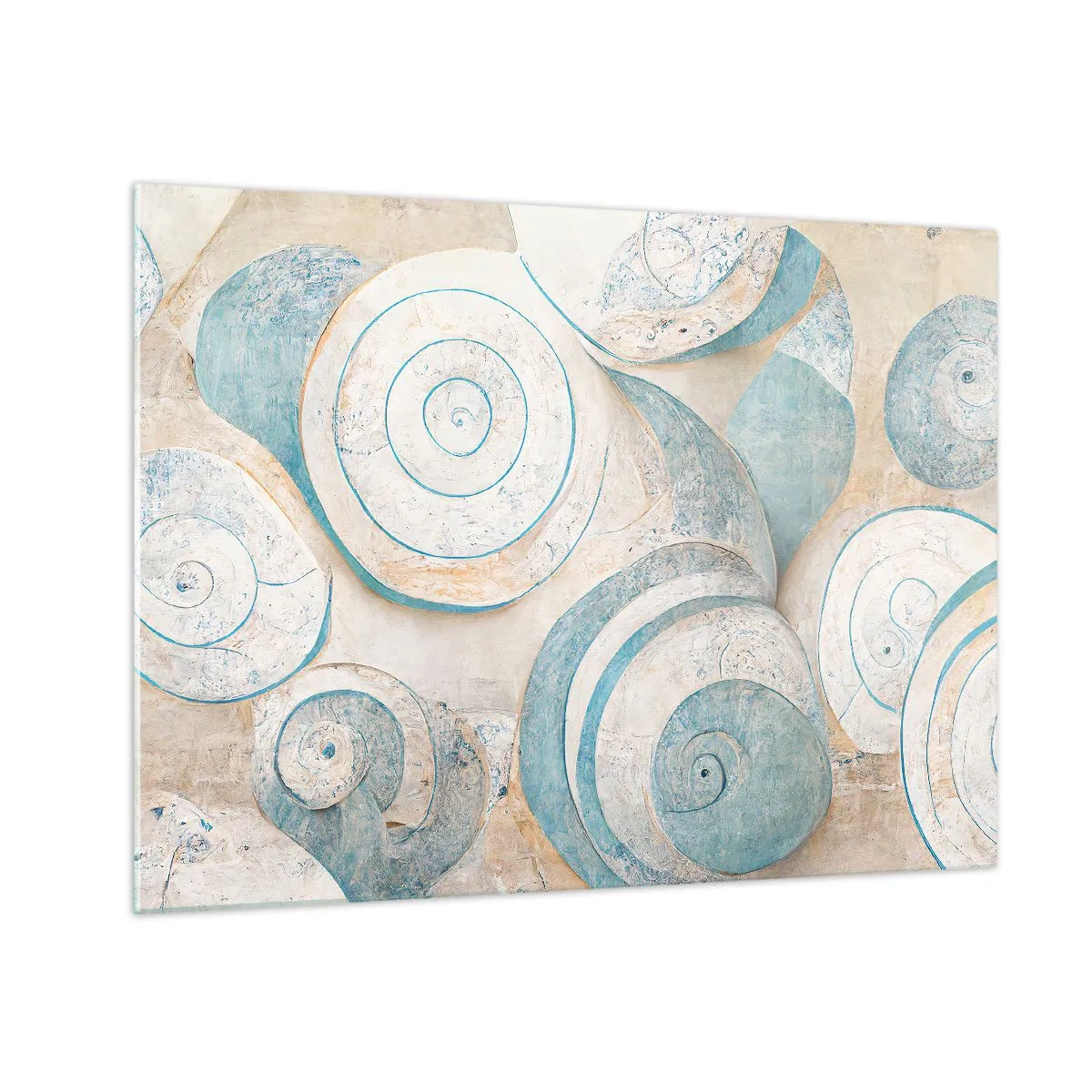 Obraz na szkle - Muszle w błękitno-beżowej palecie na strukturalnym tle - 70x50cm - Co kryje muszla? - Nowoczesna dekoracja ścienna do salonu i sypialni ARTTOR