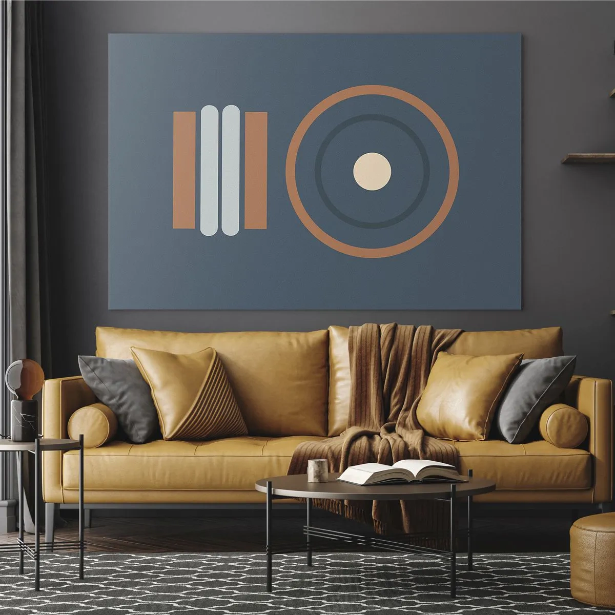 Obraz na szkle - Abstract geometric shapes in muted colors, featuring circles and lines - 70x50cm - Istota rzeczy - Nowoczesna dekoracja ścienna do salonu i sypialni ARTTOR