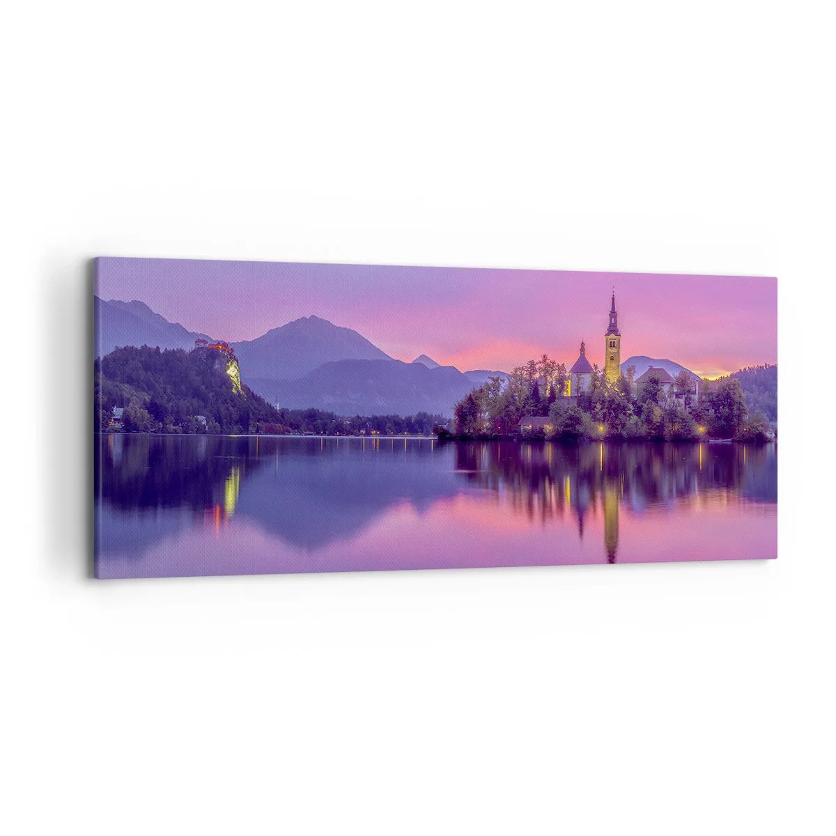 Obraz na płótnie - Jezioro z wyspą i kościołem o zachodzie słońca - 120x50cm - Bajkowa wyspa o zmierzchu  - Nowoczesna dekoracja ścienna do salonu i sypialni ARTTOR