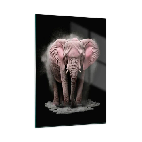 Obraz na szkle - Różowy słoń na czarnym tle otoczony obłokiem pyłu - 50x70cm - Nie myśl o różowym słoniu! - Nowoczesna dekoracja ścienna do salonu, kuchni i sypialni ARTTOR