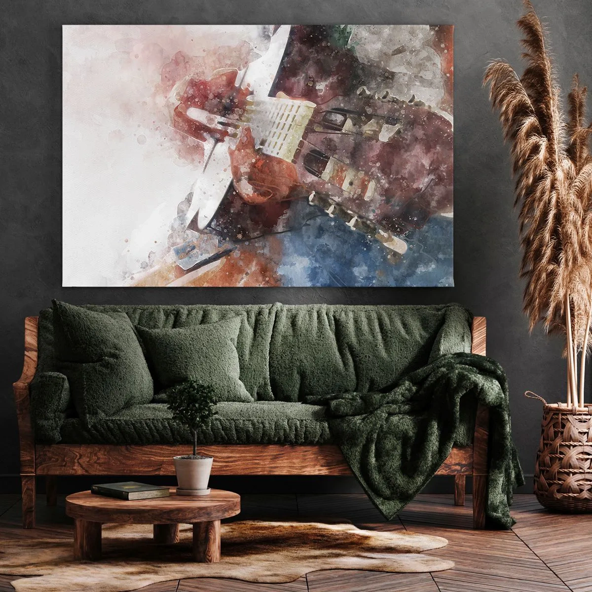 Obraz na płótnie - Artystyczne ujęcie gitary w akwarelowym stylu - 70x50cm - I co o tym myślisz? - Nowoczesna dekoracja ścienna do salonu i sypialni ARTTOR