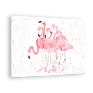 Obraz na szkle - Akwarelowe flamingi na jasnym tle z delikatnymi plamkami - 70x50cm - Różowy ansambl - Nowoczesna dekoracja ścienna do salonu i sypialni ARTTOR