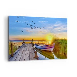 Obraz na płótnie - Łódka przy drewnianym pomoście o zachodzie słońca - 100x70cm - Do widzenia, do jutra - Nowoczesna dekoracja ścienna do salonu, kuchni i sypialni ARTTOR
