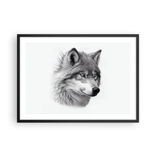 Plakat w czarnej ramie - Realistyczny portret wilka w odcieniach szarości - 70x50cm - Alfa – bez wątpienia - Nowoczesna dekoracja ścienna do salonu i sypialni ARTTOR