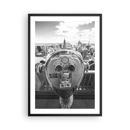 Plakat w czarnej ramie - Monochromatyczny widok na Nowy Jork z lornetką na pierwszym planie - 50x70cm - Miasto nad miastami - Nowoczesna dekoracja ścienna do salonu i sypialni ARTTOR