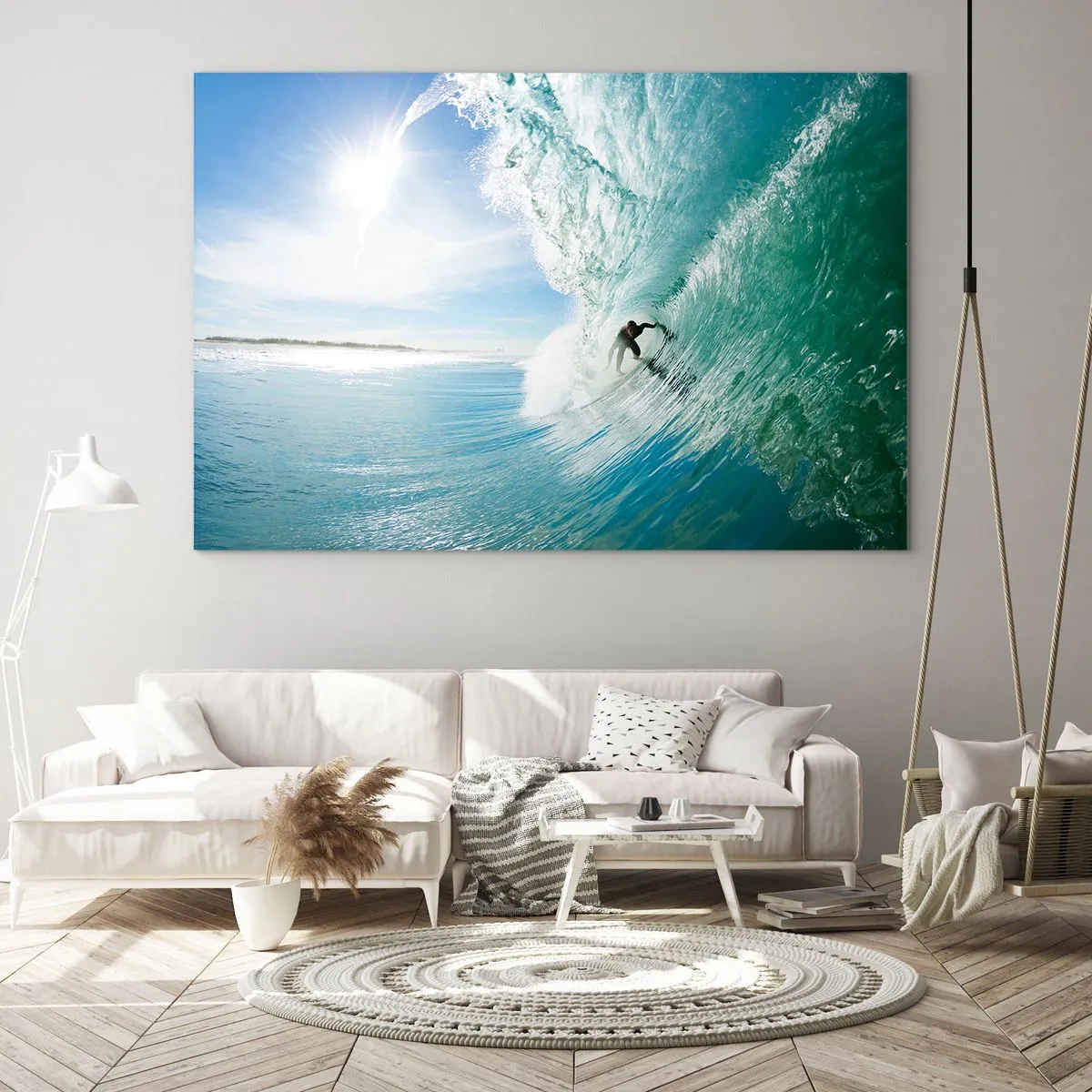 Obraz na szkle - Surfer w tubie fali na tle błękitnego nieba - 70x50cm - Zawsze na fali - Nowoczesna dekoracja ścienna do salonu i sypialni ARTTOR