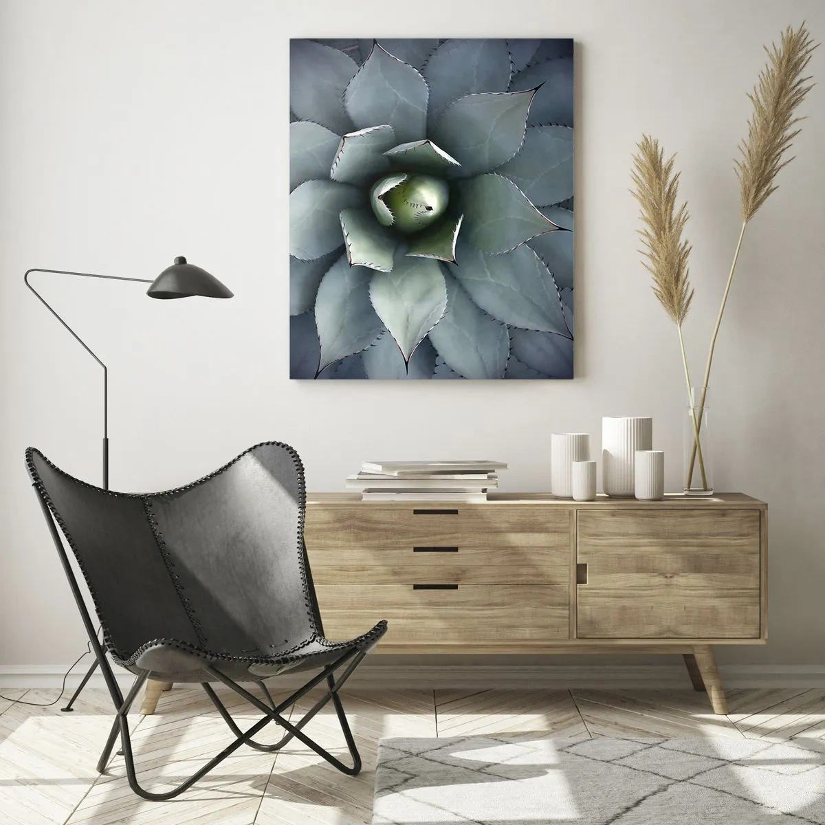 Obraz na szkle - Zbliżenie symetrycznych liści agawy o stalowej barwie - 50x70cm - Wabi i przestrzega - Nowoczesna dekoracja ścienna do salonu, kuchni i sypialni ARTTOR