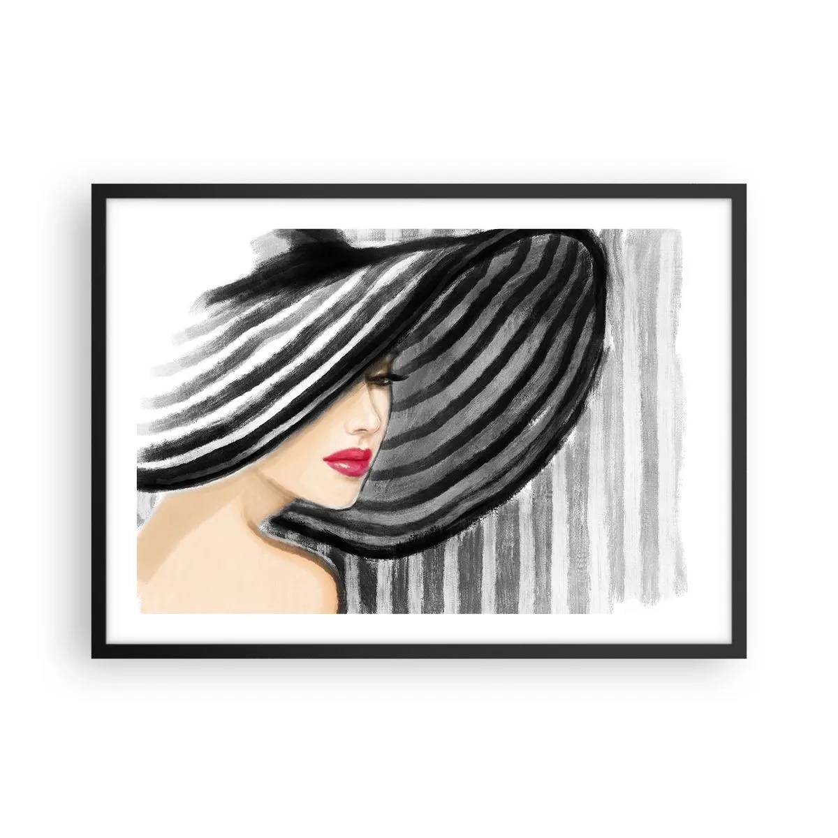 Plakat w czarnej ramie - Kobieta w kapeluszu w czarno-białym stylu z czerwonym akcentem - 70x50cm - Gdzie ciebie szukać? - Nowoczesna dekoracja ścienna do salonu i sypialni ARTTOR