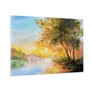 Obraz na szkle - Jezioro z drzewami o zachodzie słońca - 100x70cm - Et in Arcadia ego - Nowoczesna dekoracja ścienna do salonu, kuchni i sypialni ARTTOR