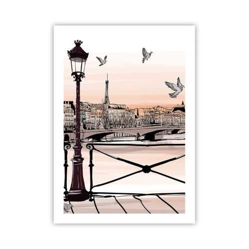 Plakat - Ilustracja Paryża o zachodzie słońca z latarnią i mostem - 50x70cm - Nad dachami Paryża - Nowoczesna dekoracja ścienna do salonu, kuchni i sypialni ARTTOR