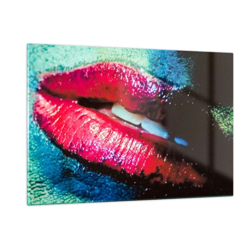 Obraz na szkle - Czerwone usta na tle intensywnych kolorów - 120x80cm - Zmysłowe i niepokojące - Nowoczesna dekoracja ścienna do salonu, kuchni i sypialni ARTTOR