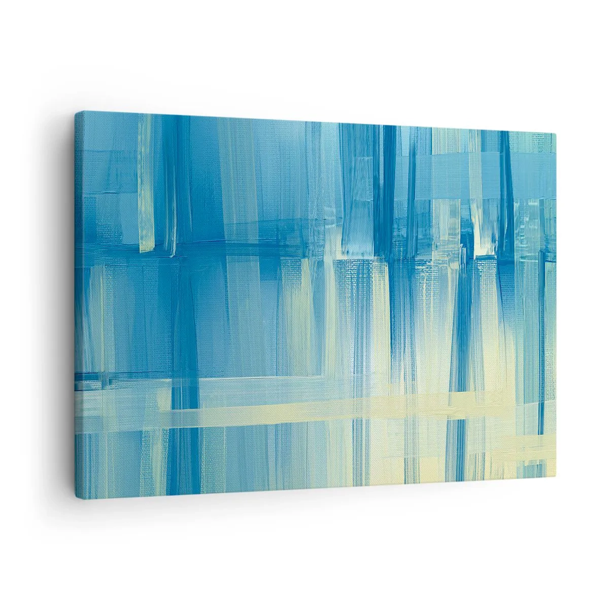 Obraz na płótnie - Abstrakcyjny obraz w odcieniach turkusu i błękitu z geometrycznymi pociągnięciami pędzla - 70x50cm - Kompozycja w turkusie - Nowoczesna dekoracja ścienna do salonu i sypialni ARTTOR