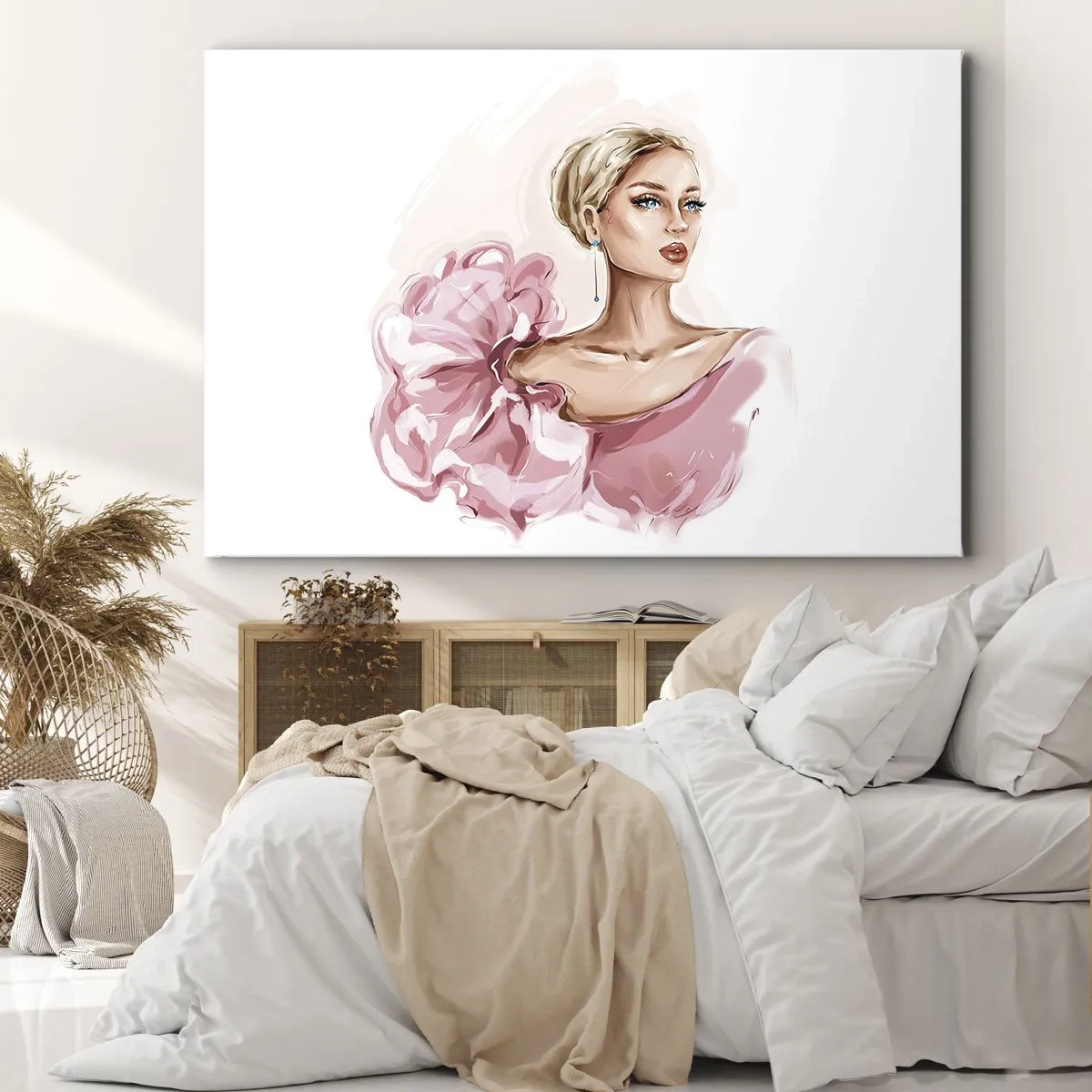 Obraz na płótnie - Portret kobiety w różowej sukni na jasnym tle - 70x50cm - Jak malowana… - Nowoczesna dekoracja ścienna do salonu i sypialni ARTTOR