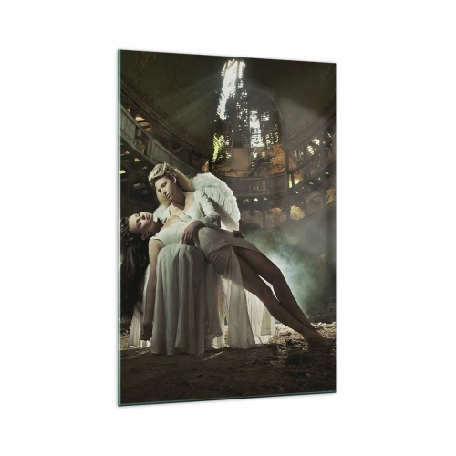 Obraz na szkle - Dwie postacie w ruinach z grą światła - 70x100cm - Duch starego teatru - Nowoczesna dekoracja ścienna do salonu i sypialni ARTTOR