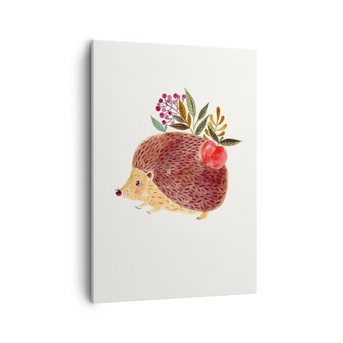 Obraz na płótnie - Urocza ilustracja jeża z jabłkiem i gałązkami na grzbiecie - 50x70cm - I już mnie lubisz - Nowoczesna dekoracja ścienna do salonu, kuchni i sypialni ARTTOR