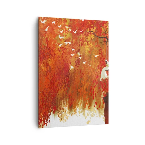 Obraz na płótnie - Jesienne liście w odcieniach pomarańczu i czerwieni z lecącymi białymi ptakami - 50x70cm - Poleci z nimi? - Nowoczesna dekoracja ścienna do salonu, kuchni i sypialni ARTTOR