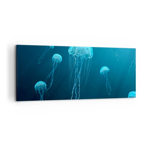 Obraz na płótnie - Meduzy unoszące się w głębinach oceanu w niebieskiej tonacji - 120x50cm - Oceaniczny taniec - Nowoczesna dekoracja ścienna do salonu i sypialni ARTTOR