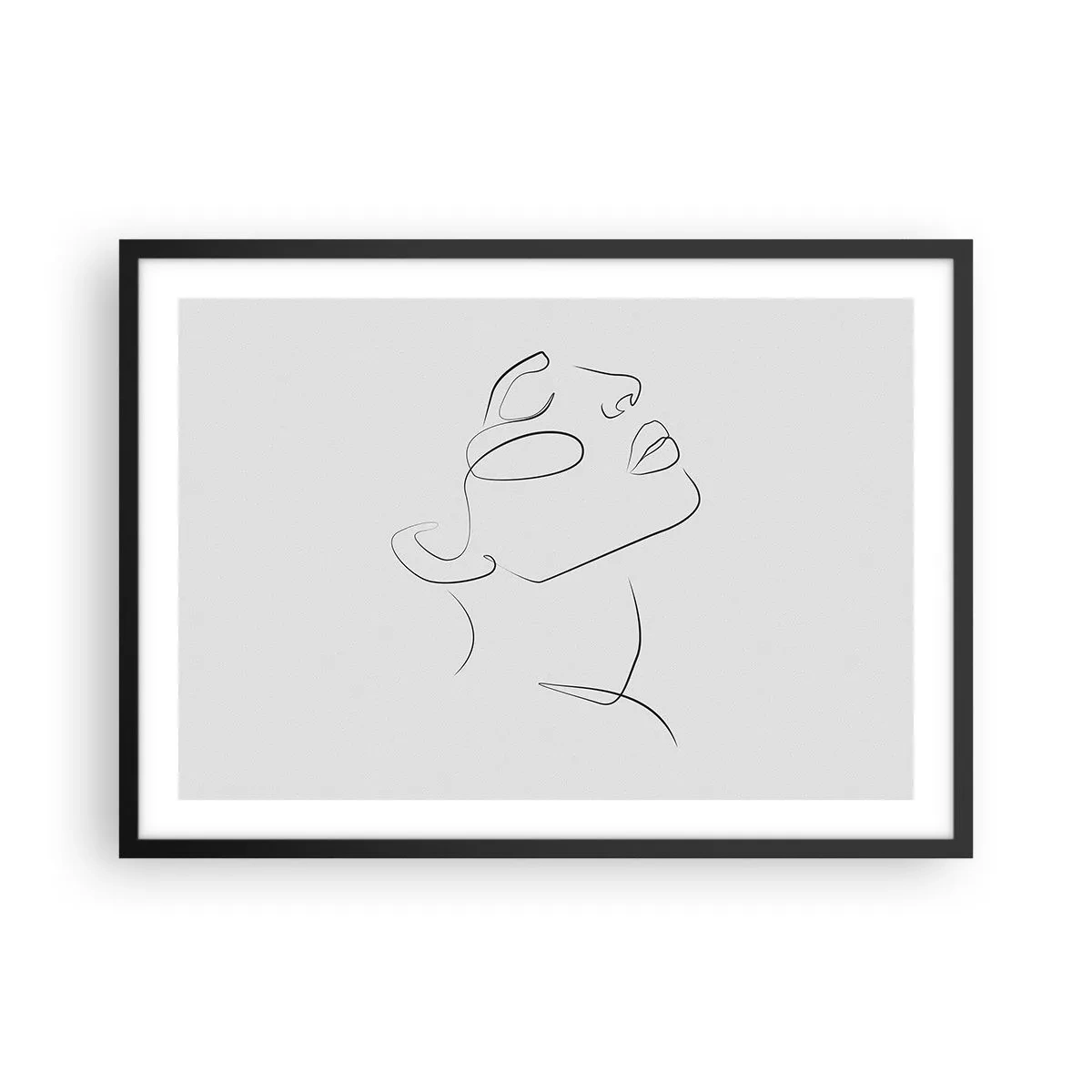 Plakat w czarnej ramie - Minimalistyczny szkic kobiecej twarzy w profilu - 70x50cm - Meandry marzenia - Nowoczesna dekoracja ścienna do salonu i sypialni ARTTOR