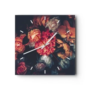Zegar ścienny - Bukiet różnorodnych kwiatów w ciemnej tonacji - 30x30cm - Jak u holenderskich mistrzów - Nowoczesna dekoracja ścienna do salonu i sypialni ARTTOR