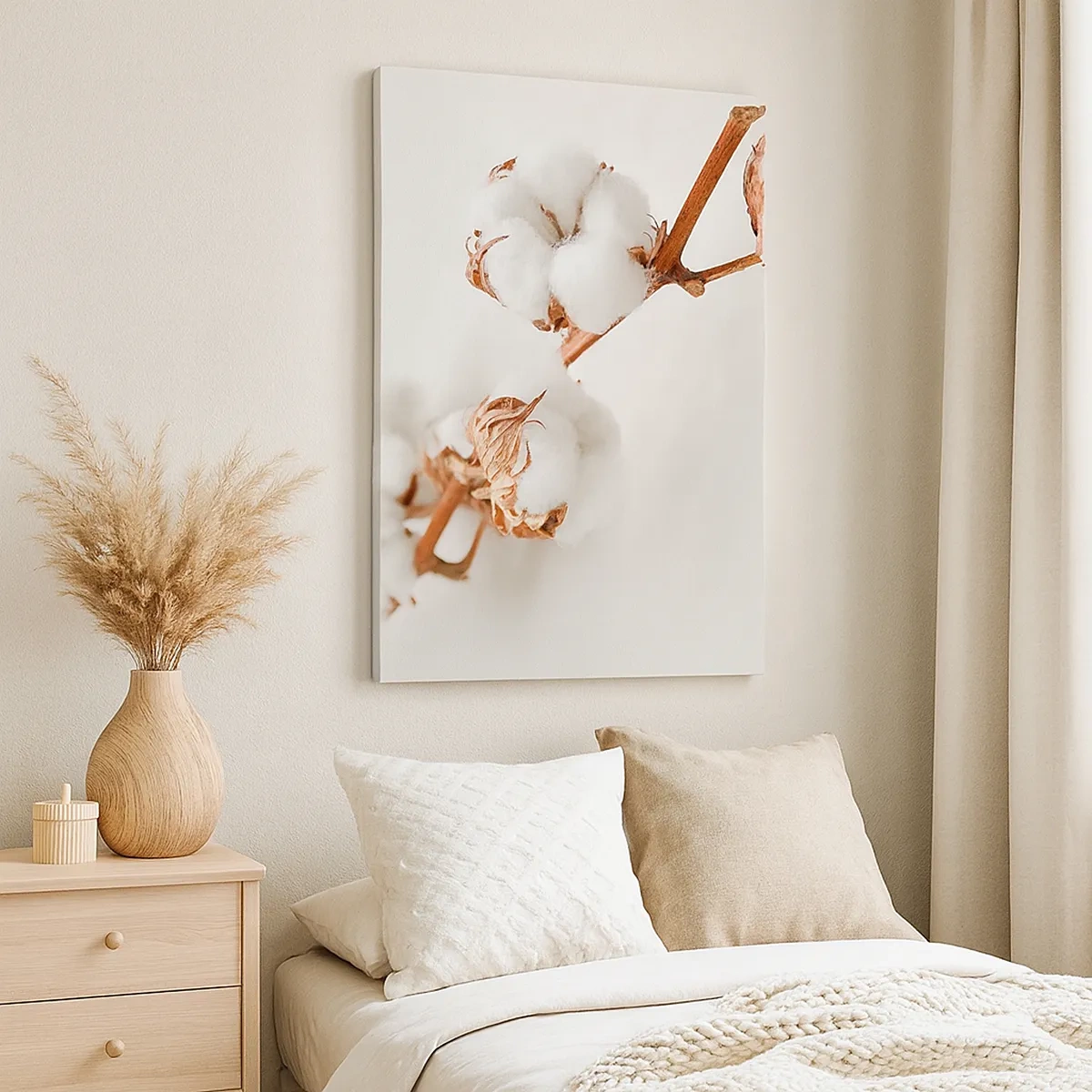 Obraz na płótnie - Gałązka bawełny z białymi puszystymi kwiatami na jasnym tle - 50x70cm - Tylko tulić - Nowoczesna dekoracja ścienna do salonu, kuchni i sypialni ARTTOR