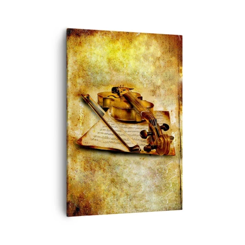 Obraz na płótnie - Skrzypce z nutami na tle w stylu vintage w ciepłych odcieniach - 70x100cm - Wirtuoz potrzebny od zaraz - Nowoczesna dekoracja ścienna do salonu i sypialni ARTTOR