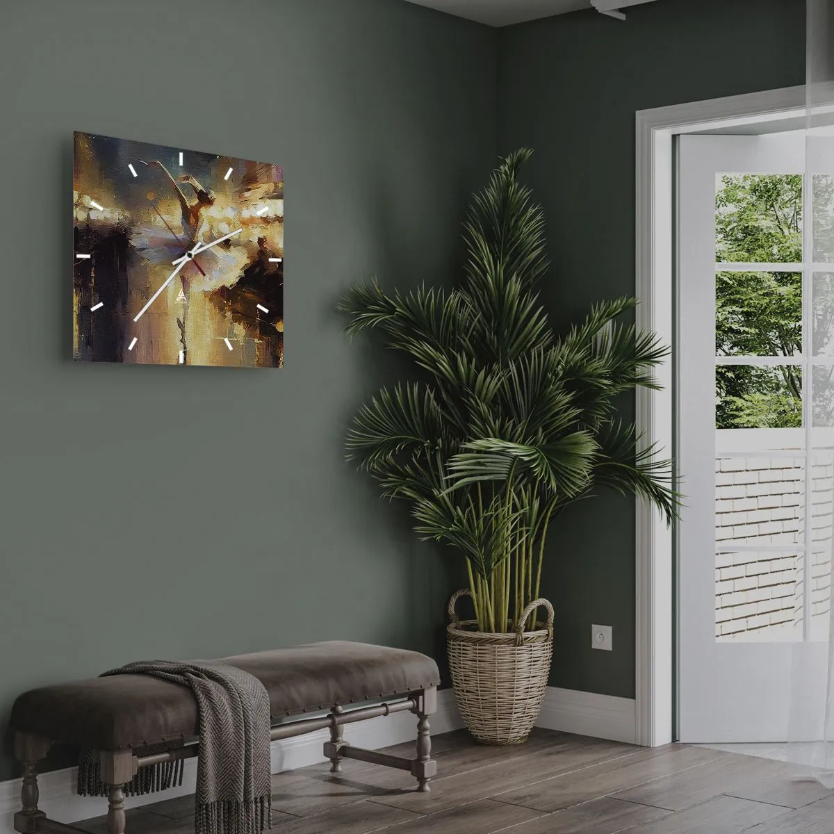 Zegar ścienny - Balerina tańcząca na tle oświetlonej sceny - 30x30cm - Cud na ulicy - Nowoczesna dekoracja ścienna do salonu i sypialni ARTTOR