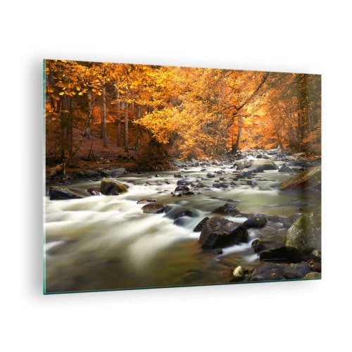 Obraz na szkle - Jesienny las z potokiem i kamieniami - 70x50cm - Potok w złotym lesie - Nowoczesna dekoracja ścienna do salonu i sypialni ARTTOR