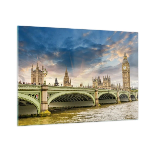 Obraz na szkle - Big Ben i Westminster Bridge o zachodzie słońca - 100x70cm - Czas stanął w Imperium - Nowoczesna dekoracja ścienna do salonu, kuchni i sypialni ARTTOR