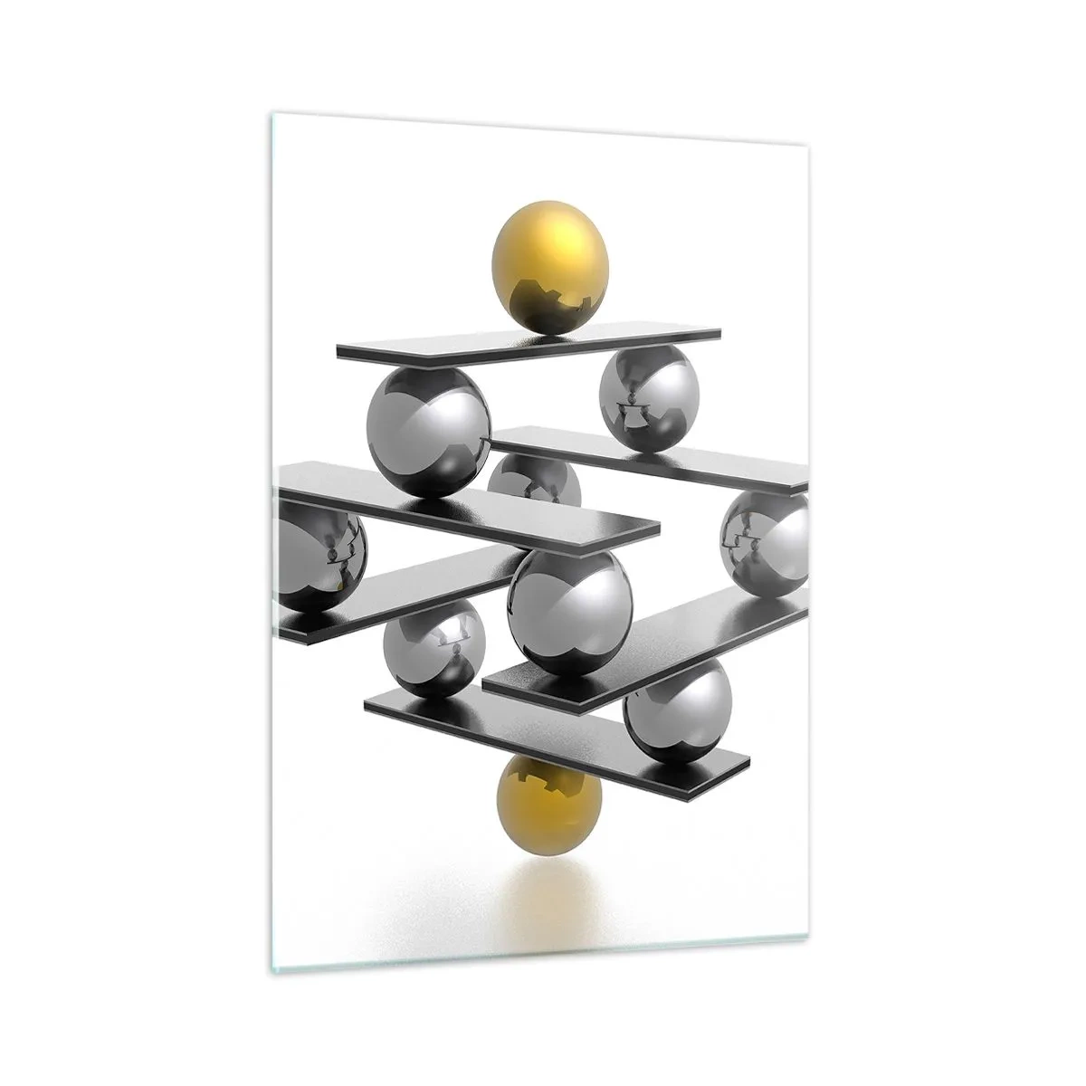 Obraz na szkle - Geometryczna kompozycja z kulami i platformami na białym tle - 50x70cm - Złoto-srebrna równowaga - Nowoczesna dekoracja ścienna do salonu, kuchni i sypialni ARTTOR