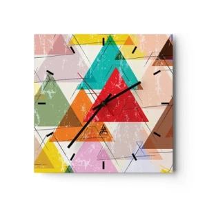 Zegar ścienny - Kolorowa abstrakcja z geometrycznymi trójkątami - 30x30cm - Trzy po trzy - Nowoczesna dekoracja ścienna do salonu i sypialni ARTTOR