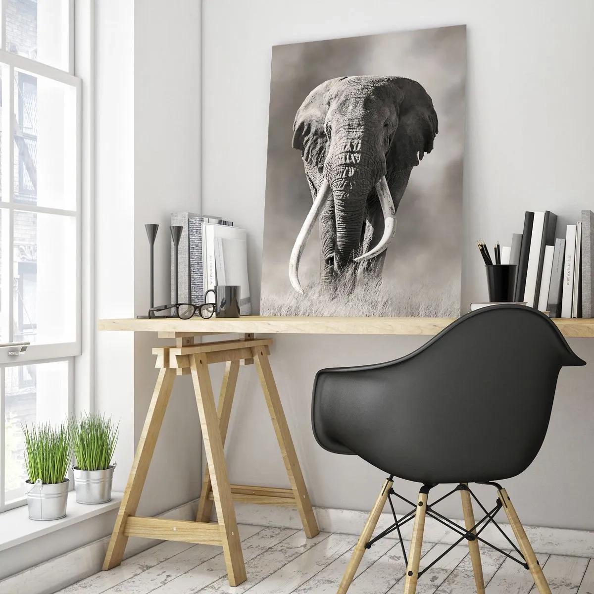 Obraz na szkle - Monochromatyczny portret majestatycznego słonia afrykańskiego na sawannie - 80x120cm - Afrykański patriarcha - Nowoczesna dekoracja ścienna do salonu i sypialni ARTTOR