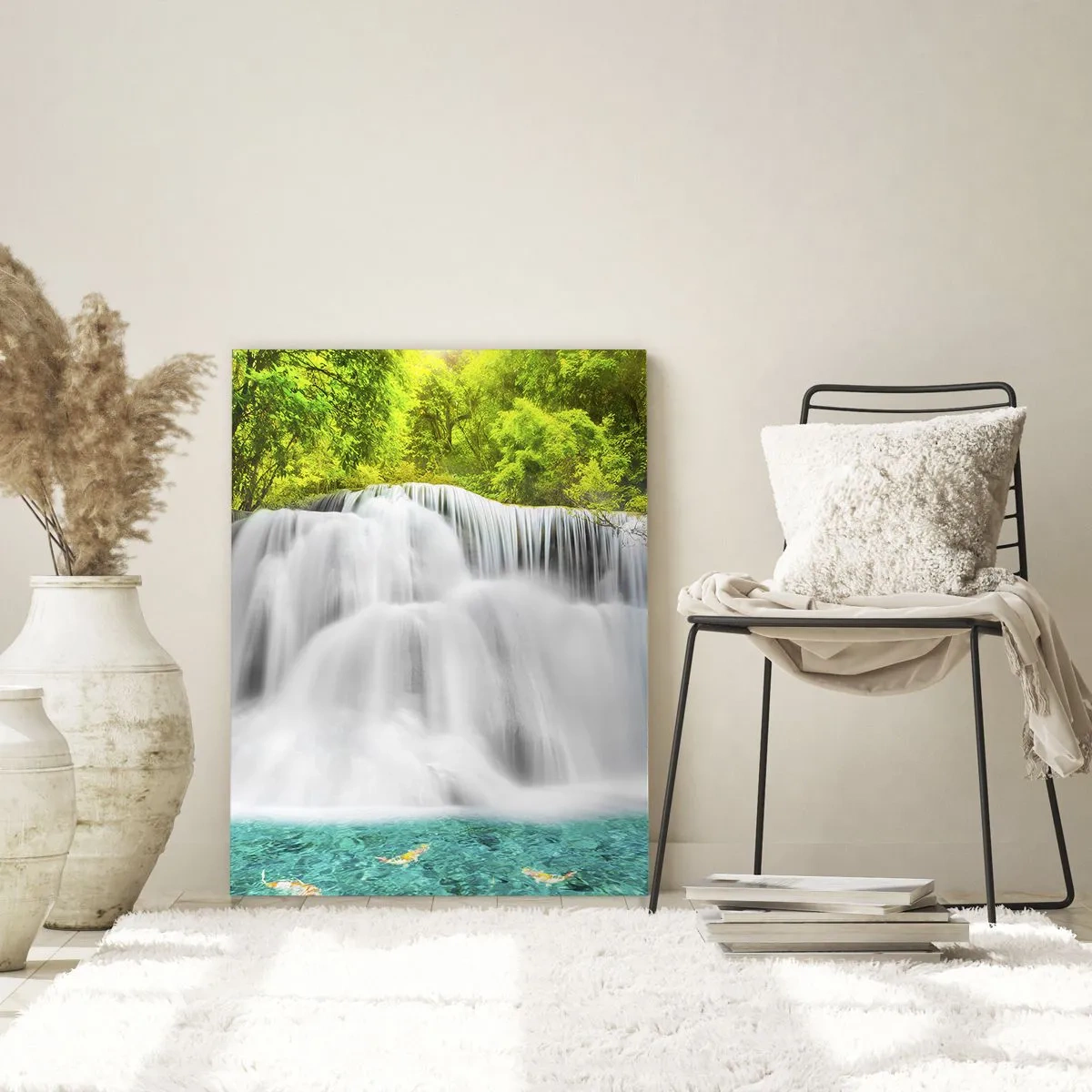 Obraz na szkle - Wodospad w otoczeniu zieleni z krystalicznie czystą wodą - 50x70cm - Pienistą kaskadą od zieleni do lazuru - Nowoczesna dekoracja ścienna do salonu, kuchni i sypialni ARTTOR