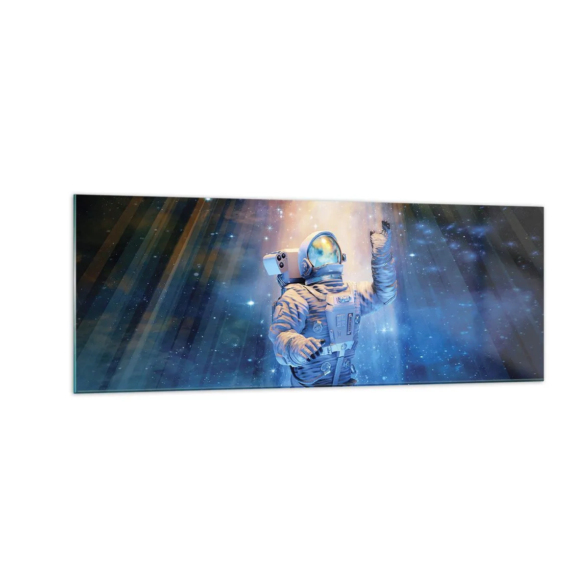 Obraz na szkle - Astronauta w świetle kosmicznej eksplozji pełnej gwiazd - 140x50cm - Wreszcie u celu - Nowoczesna dekoracja ścienna do salonu i sypialni ARTTOR