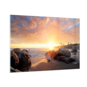 Obraz na szkle - Zachód słońca nad morzem z kamieniami na brzegu - 100x70cm - Świetlista bryza wieczoru - Nowoczesna dekoracja ścienna do salonu, kuchni i sypialni ARTTOR