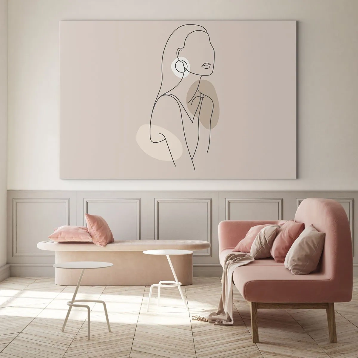 Obraz na szkle - Minimalistyczna sylwetka kobiety na beżowym tle - 120x80cm - Ikona dziewczęcości - Nowoczesna dekoracja ścienna do salonu, kuchni i sypialni ARTTOR