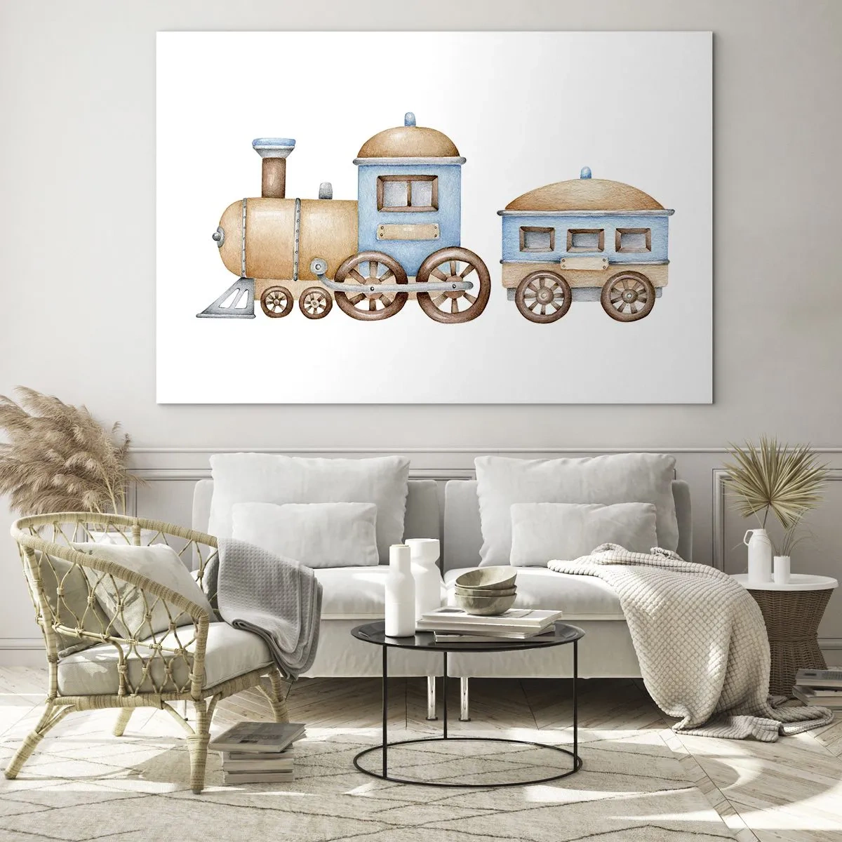 Obraz na szkle - Ilustracja pociągu parowego w odcieniach błękitu i beżu na białym tle - 70x50cm - Stoi na stacji... - Nowoczesna dekoracja ścienna do salonu i sypialni ARTTOR