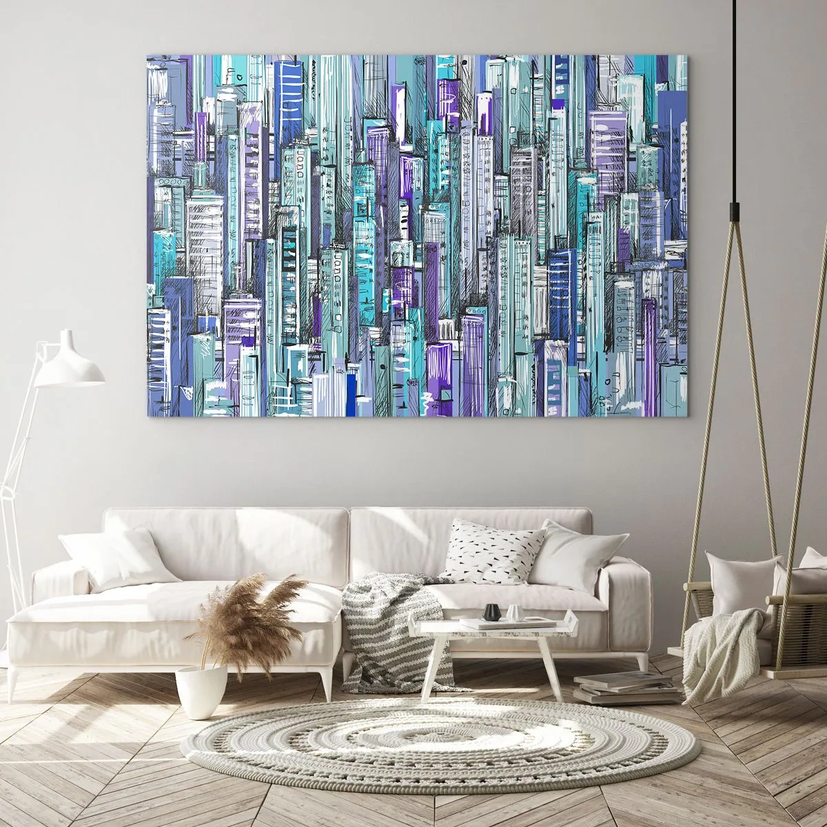 Obraz na szkle - Ilustracja miasta pełnego drapaczy chmur w chłodnych odcieniach - 120x80cm - Pobłękitniałe od nieba - Nowoczesna dekoracja ścienna do salonu, kuchni i sypialni ARTTOR