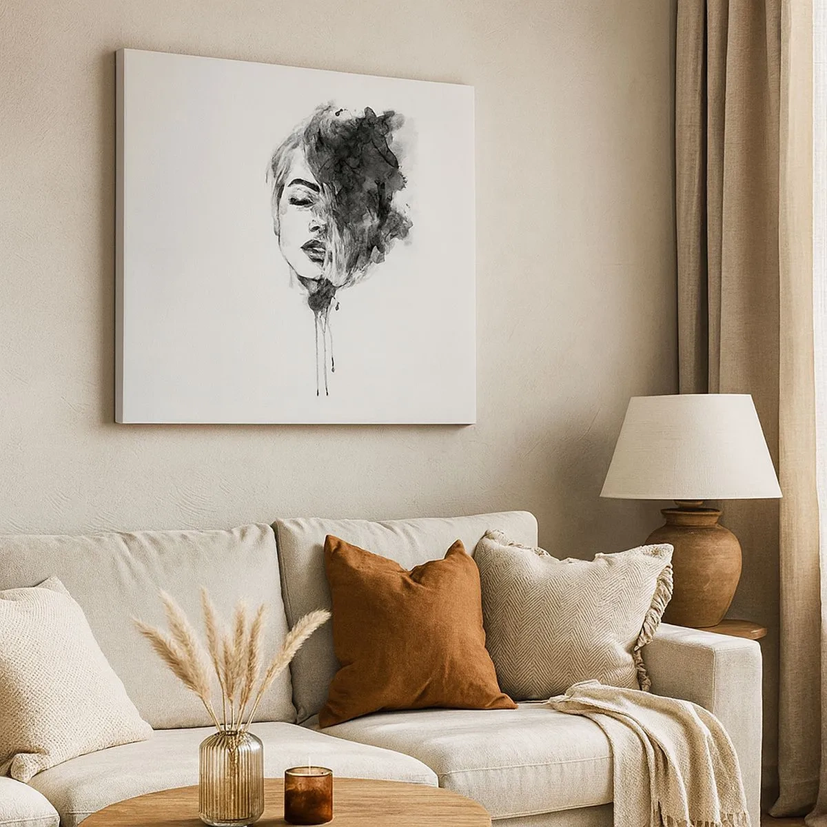 Obraz na płótnie - Artystyczny portret kobiety w technice akwareli z abstrakcyjnymi detalami - 70x50cm - O czym marzy dziewczyna - Nowoczesna dekoracja ścienna do salonu i sypialni ARTTOR