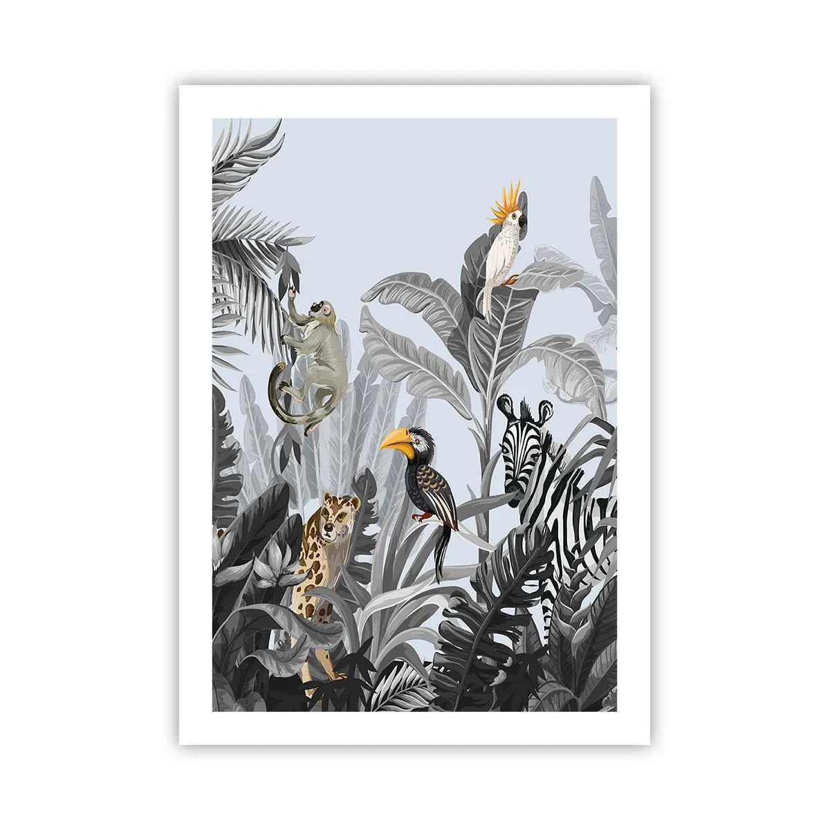 Plakat - Kolorowe zwierzęta tropikalne wśród liści dżungli - 50x70cm - Afrykańska bajka - Nowoczesna dekoracja ścienna do salonu, kuchni i sypialni ARTTOR