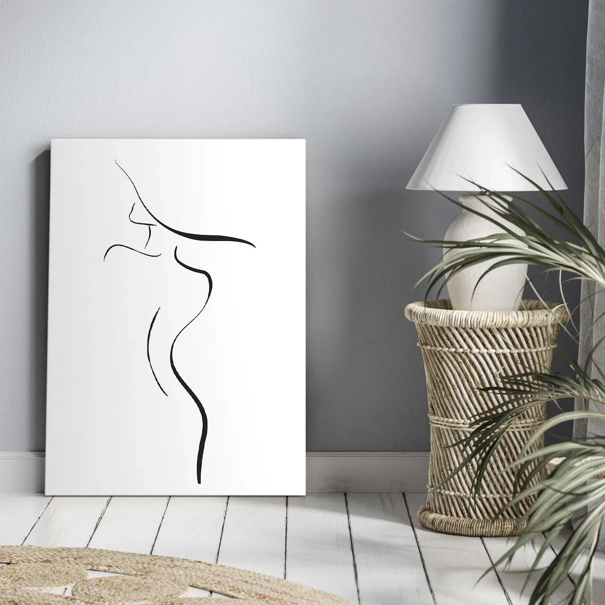 Obraz na płótnie - Minimalistyczna ilustracja kobiecej sylwetki narysowanej czarną linią na białym tle - 50x70cm - Nieuchwytna jak fala - Nowoczesna dekoracja ścienna do salonu, kuchni i sypialni ARTTOR