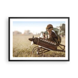 Plakat w czarnej ramie - Dziecko w zabawkowym samolocie na tle pola - 70x50cm - Start ku marzeniu - Nowoczesna dekoracja ścienna do salonu i sypialni ARTTOR