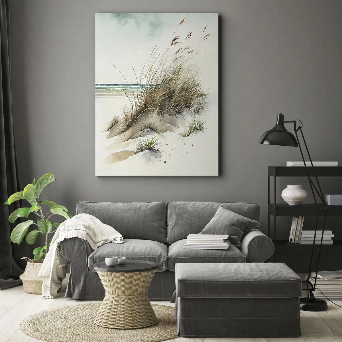 Obraz na płótnie - Akwarelowy pejzaż nadmorski z wydmami i trawami na tle spokojnego morza - 50x70cm - Otulone piaskiem - Nowoczesna dekoracja ścienna do salonu, kuchni i sypialni ARTTOR