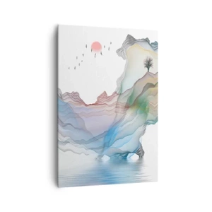 Obraz na płótnie - Subtelny krajobraz z górami, wodą i łódką - 70x100cm - Ku kryształowym górom - Nowoczesna dekoracja ścienna do salonu i sypialni ARTTOR