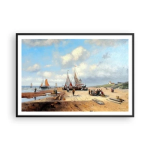 Plakat w czarnej ramie - Rybackie łodzie na plaży z postaciami ludzi - 100x70cm - Po udanym połowie - Nowoczesna dekoracja ścienna do salonu i sypialni ARTTOR