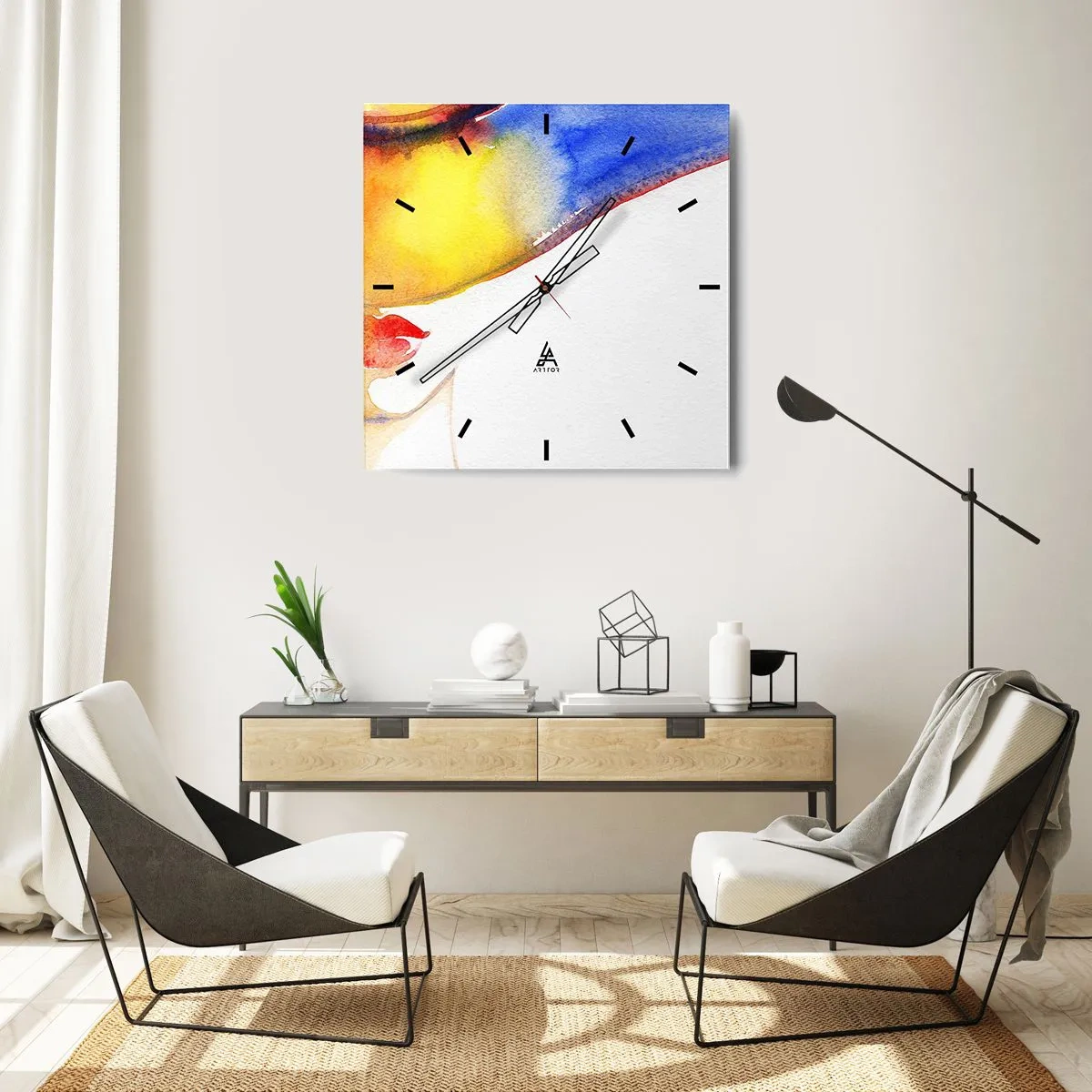 Zegar ścienny - Minimalistyczna akwarela kobiecego profilu z kolorowym kapeluszem - 30x30cm - Portret damy - Nowoczesna dekoracja ścienna do salonu i sypialni ARTTOR