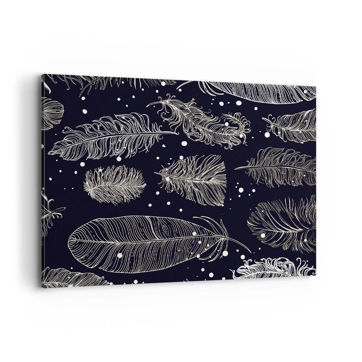 Obraz na płótnie - Delikatne białe pióra na granatowym tle - 100x70cm - Pierzasta koronka - Nowoczesna dekoracja ścienna do salonu, kuchni i sypialni ARTTOR