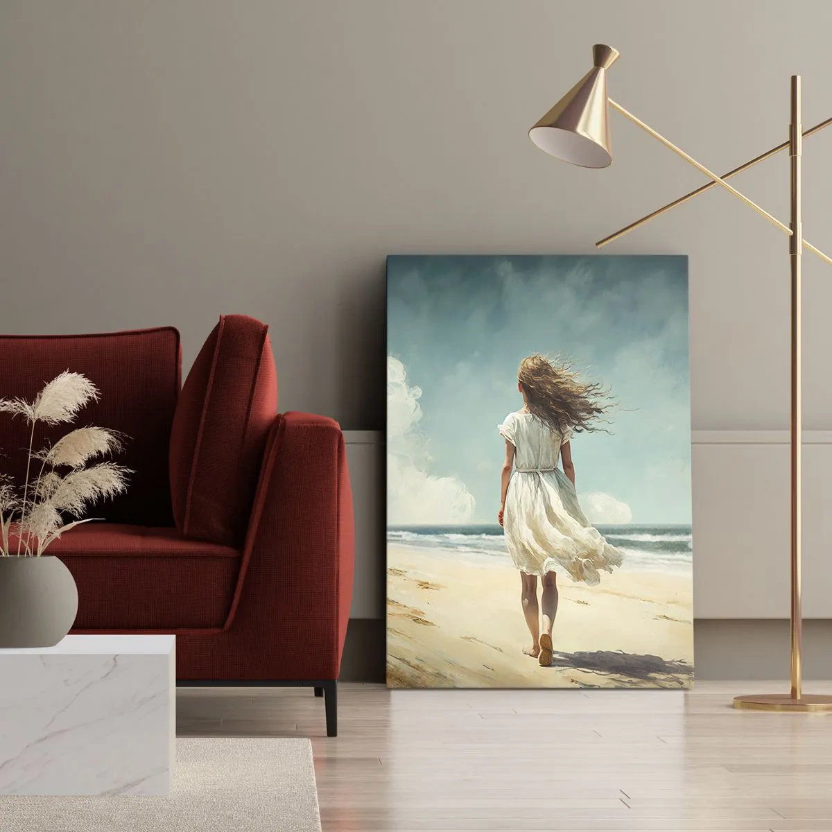 Obraz na płótnie - Kobieta w białej sukience spacerująca po plaży - 50x70cm - Na spotkanie słońca i wiatru - Nowoczesna dekoracja ścienna do salonu, kuchni i sypialni ARTTOR