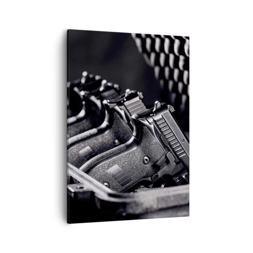 Obraz na płótnie - Czarno-białe pistolety w futerale - 50x70cm - Męski sport - Nowoczesna dekoracja ścienna do salonu, kuchni i sypialni ARTTOR